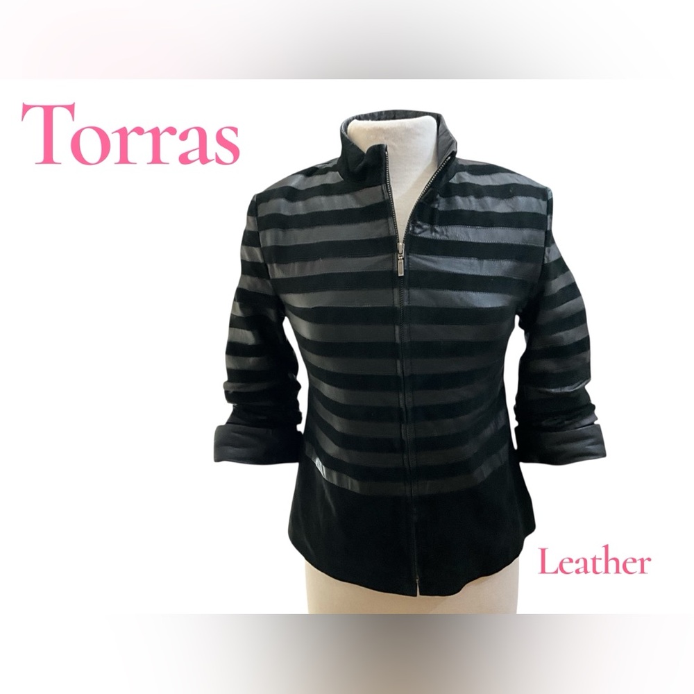 Torras Leather & Suede Striped Jacket 3/4 Scrunched Sleeves Vintage Small